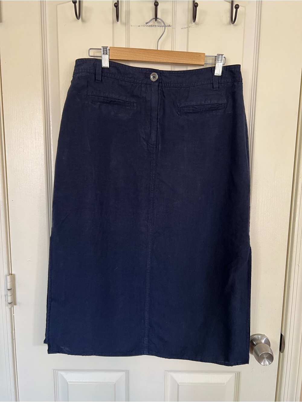 Talbots Petite 100% Linen Navy Midi Skirt Size 12P Classic Career